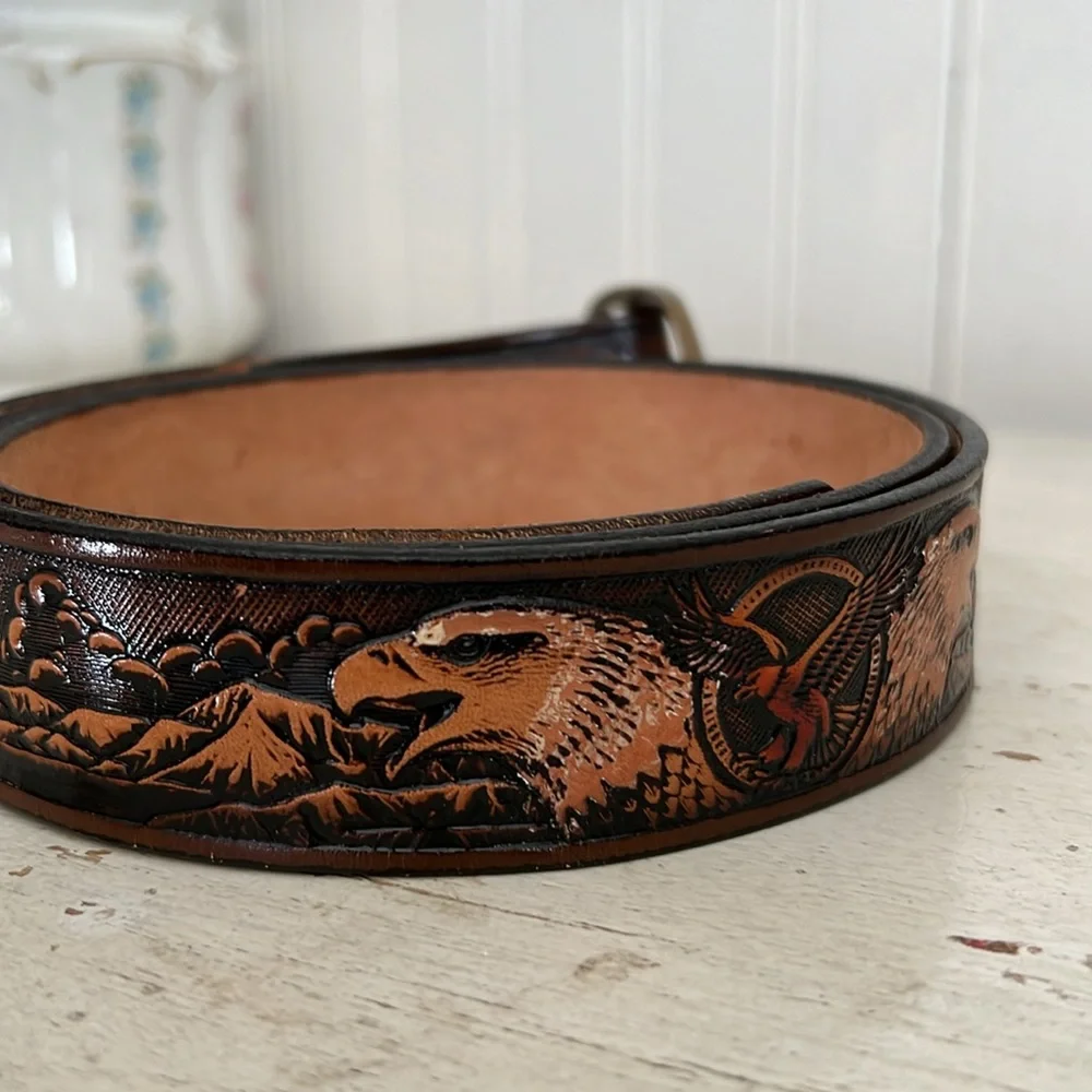 Vintage handmade tooled leather Eagle & mountains belt brass buckle 44”-48”